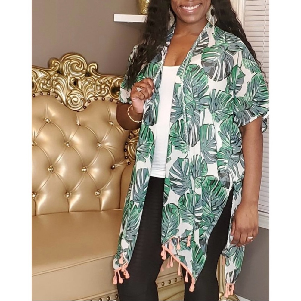 Monstera Palm Print Tropical Botanical Pattern Tassel Sheer Open Front Kimono